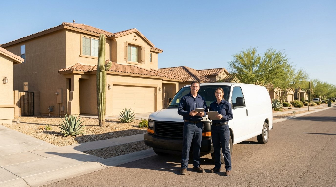Local San Tan Valley restoration team with fully equipped service van in front of Arizona home