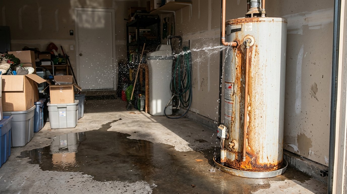 Burst residential water heater tank leaking water across concrete garage floor in San Tan Valley
