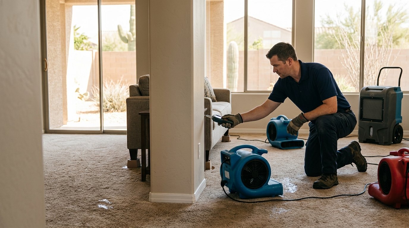 Living room interior flooded with storm water during Arizona monsoon season in San Tan Valley