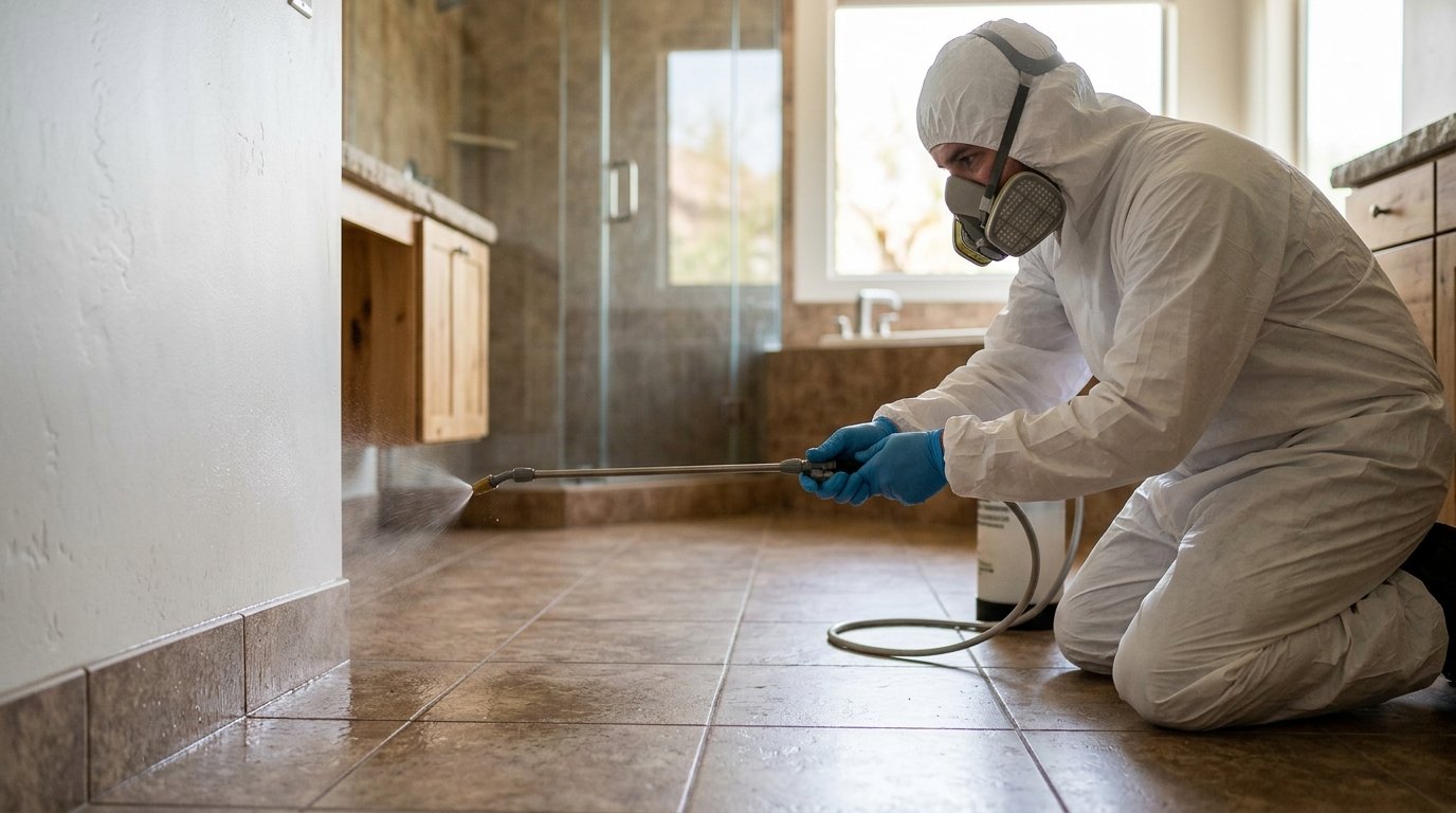 Restoration technician in full PPE spraying antimicrobial treatment on bathroom tile surfaces