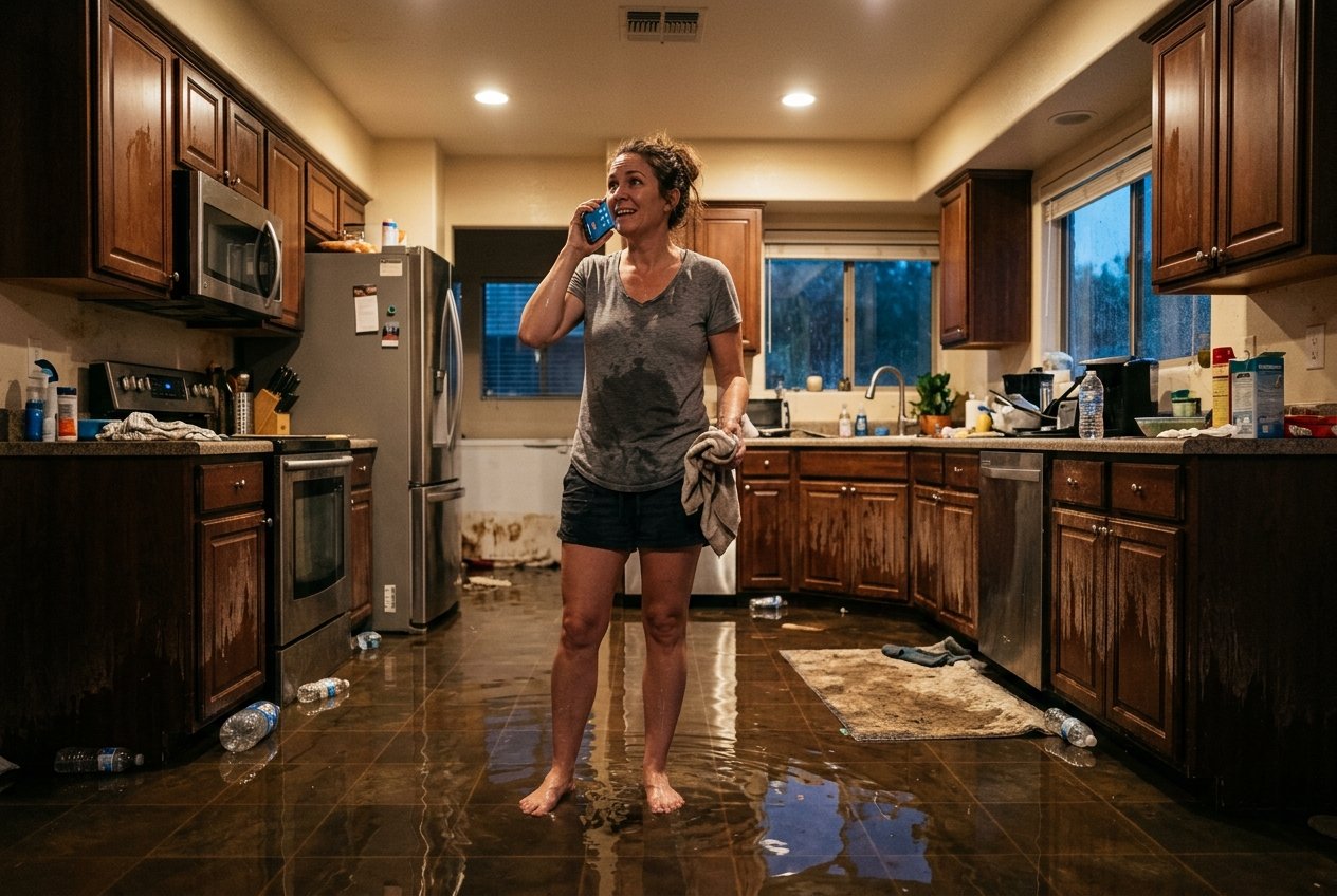 Homeowner in flooded Arizona home calling Local Restoration Referral Line