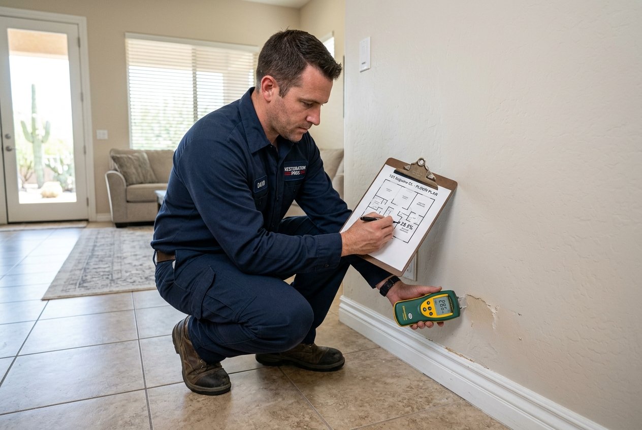 Restoration technician using professional digital moisture meter to inspect drywall and subfloors