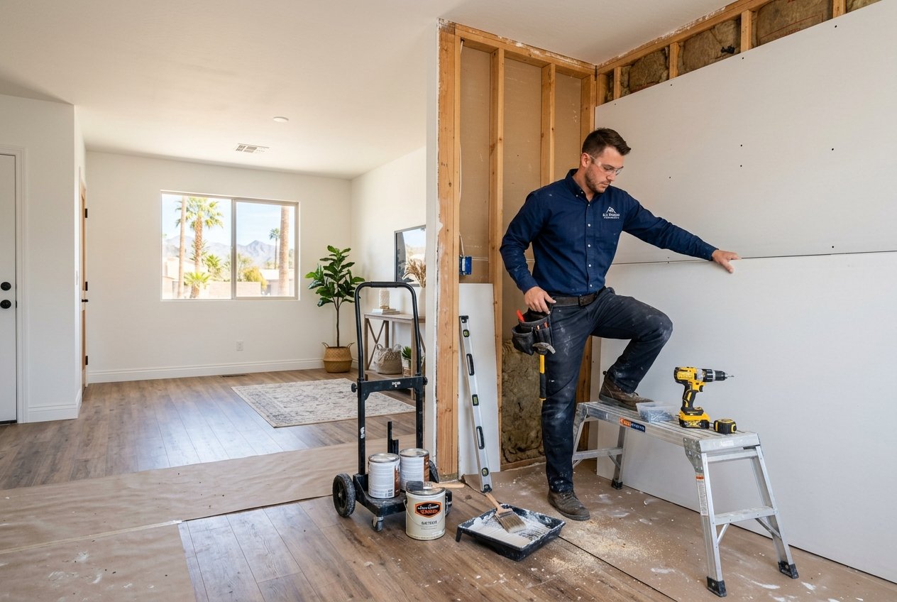 Skilled contractor installing fresh drywall and restoring home to pre-loss condition