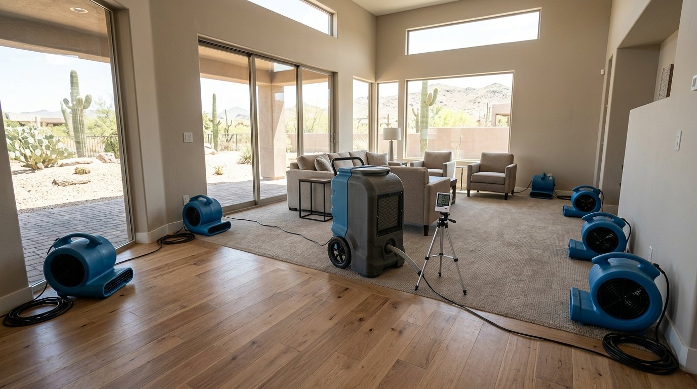 Industrial air movers and commercial dehumidifier drying Arizona living room with desert view