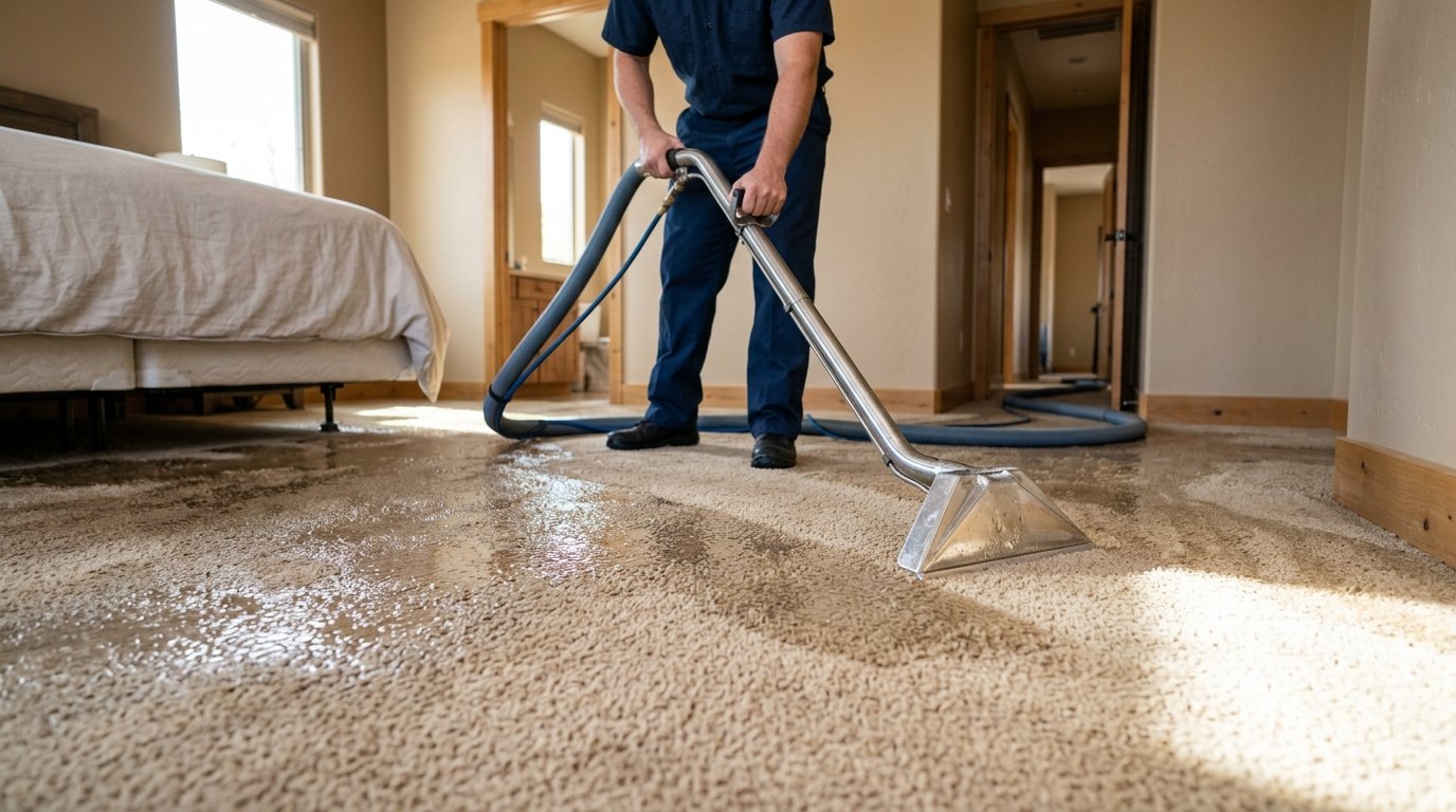 Commercial water extraction — wand pulling water from saturated carpet in bedroom