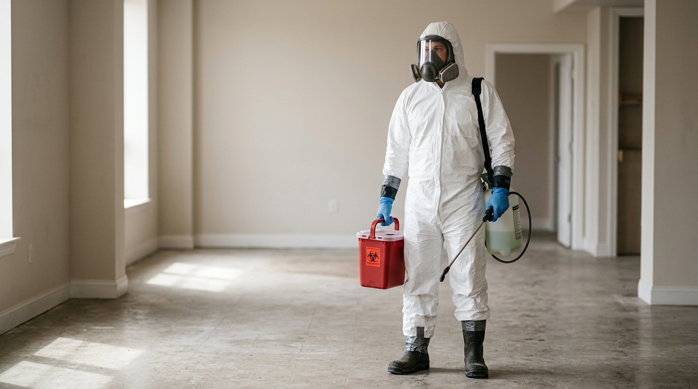 Full-suit biohazard cleanup specialist with respirator mask carrying biohazard container and disinfectant sprayer