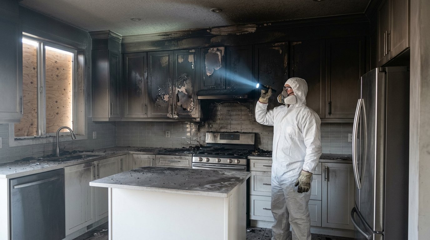 Restoration technician inspecting soot-covered kitchen after a fire in San Tan Valley
