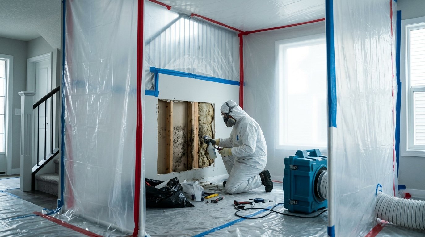 Mold remediation technician in full Tyvek suit removing mold-infested drywall inside plastic containment barriers with HEPA air scrubber