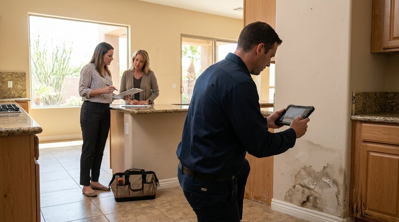 Restoration specialist photographing water damage with tablet to record structural conditions