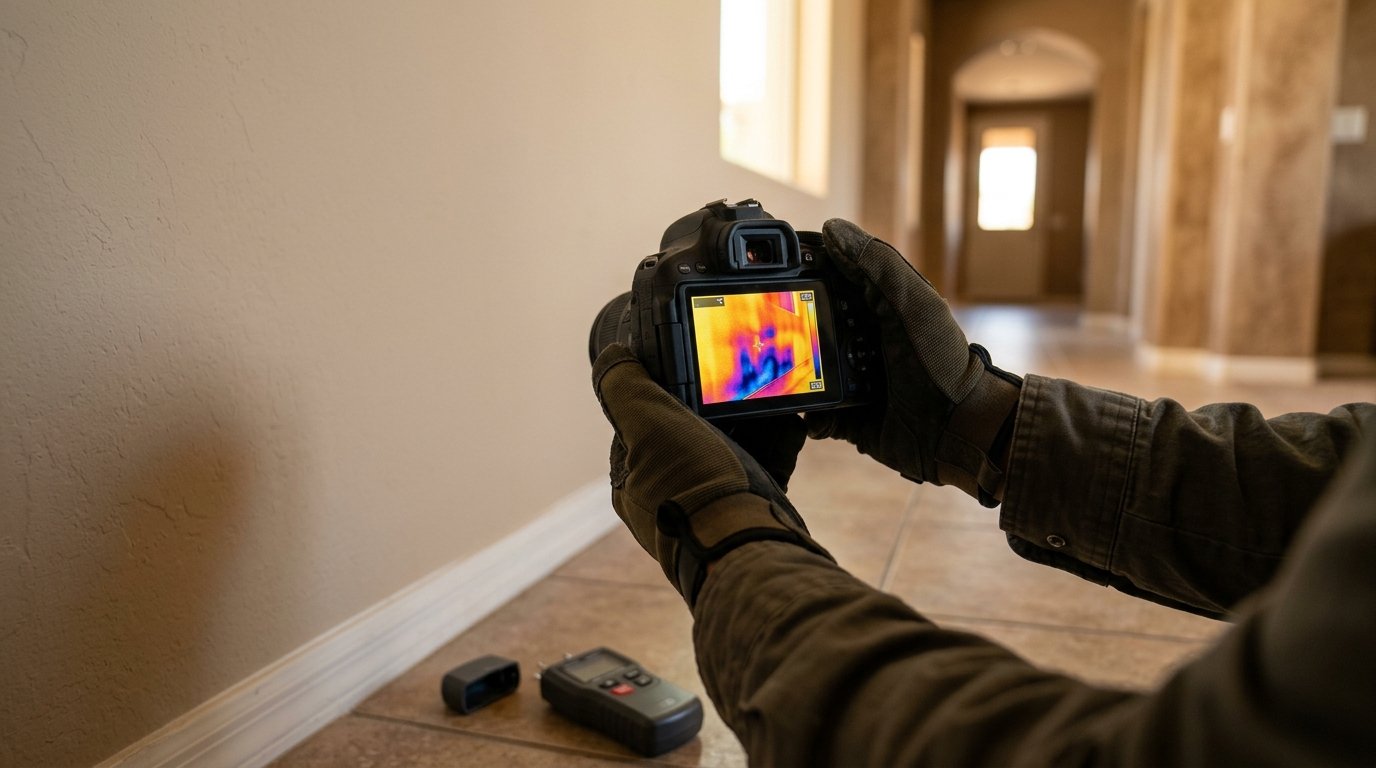 Thermal imaging camera revealing hidden moisture inside drywall — vivid infrared display showing wet areas